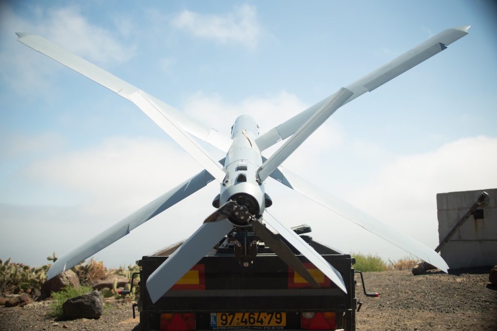 A US Marine Corps Hero-400 loitering munition drone is staged before flight