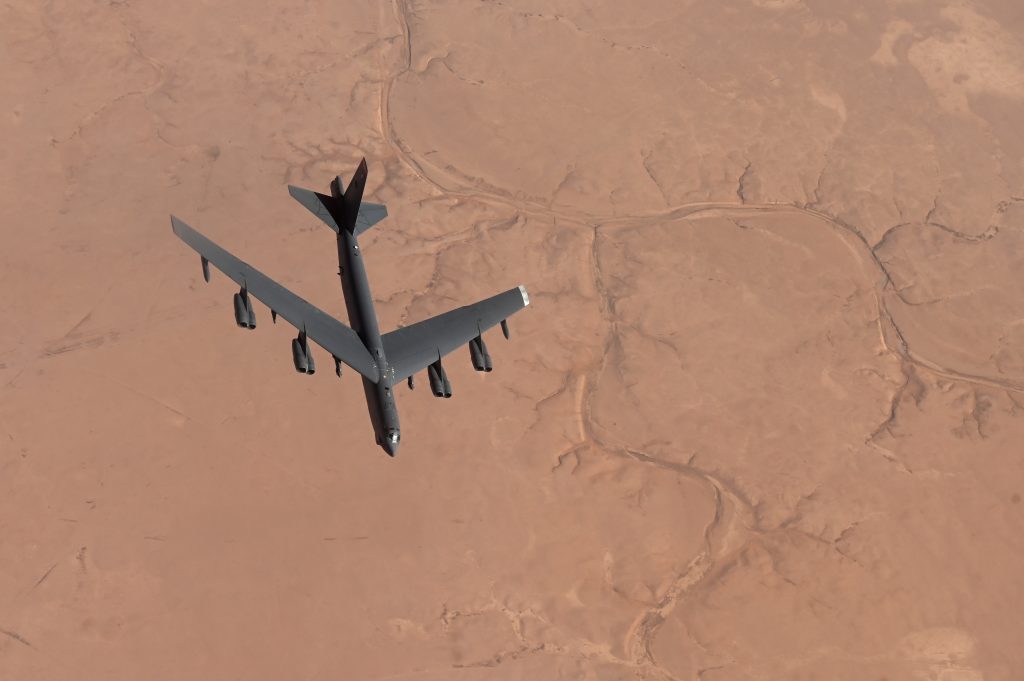 A US Air Force B-52H Stratofortress conducts a combat air patrol in support of Operation Inherent Resolve