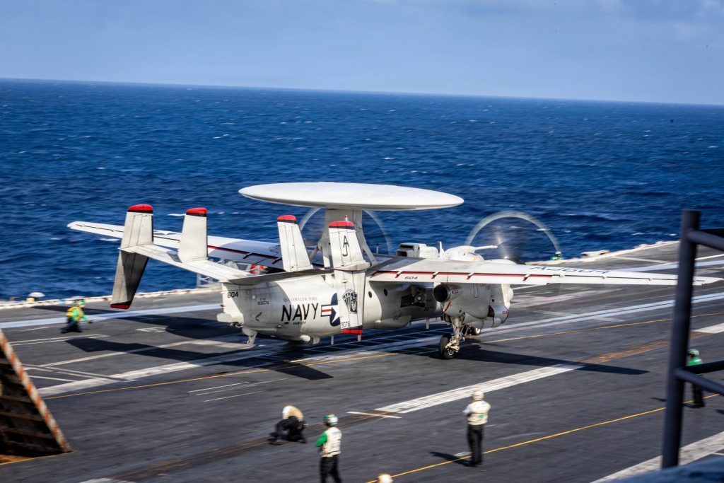An E-2D Hawkeye aircraft, attached to Airborne Command and Control Squadron 124, takes off from the flight deck of the world’s largest aircraft carrier, Ford-class aircraft carrier USS Gerald R. Ford (CVN 78)
