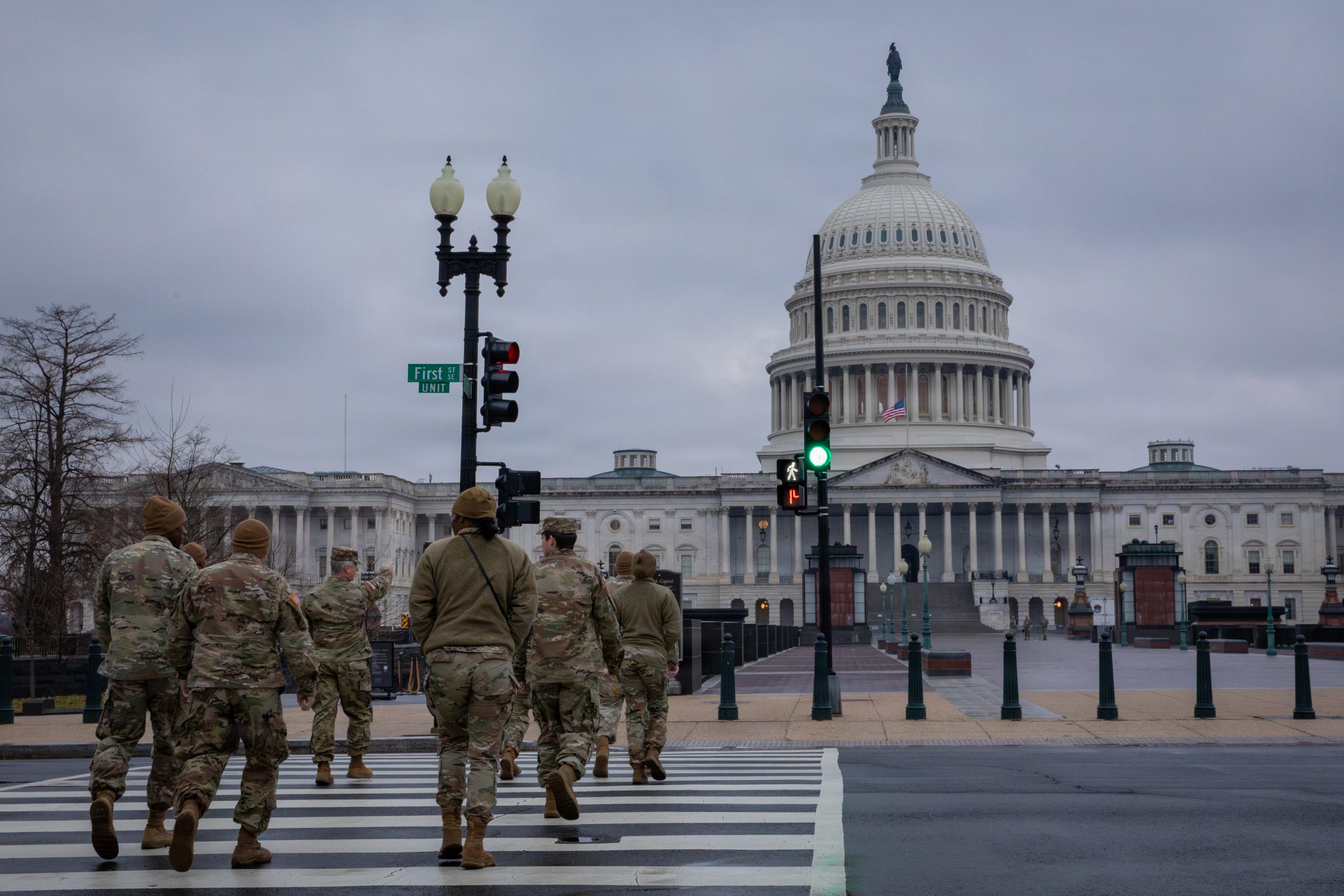 U.S. Soldiers with the 223rd Engineer Battalion, Joint Task Force Magnolia, Mississippi National Guard, walk to a promotion ceremony at the Capitol in Washington, D.C., Jan. 18, 2025. Approximately 2,700 National Guard members support the D.C. Safe and Beautiful mission, providing critical assistance to the Metropolitan Police Department and community partners to enhance safety and quality of life throughout the District. (U.S. Army National Guard photo by Sgt. Christian Brown)