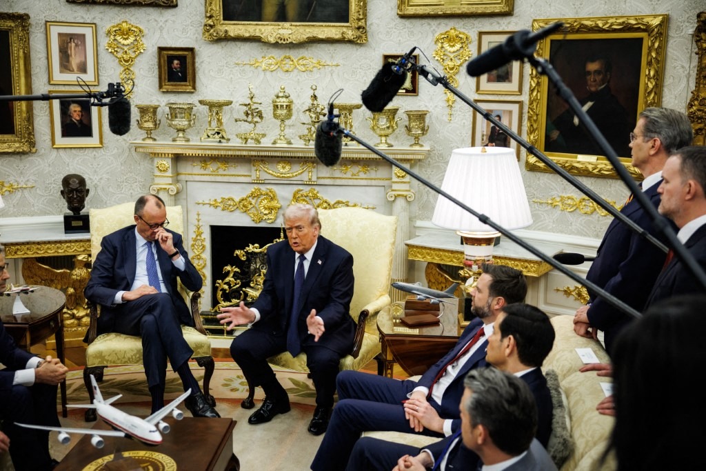US President Donald Trump and German Chancellor Friedrich Merz hold a bilateral meeting in the Oval Office at the White House on March 3, 2026 in Washington, DC.