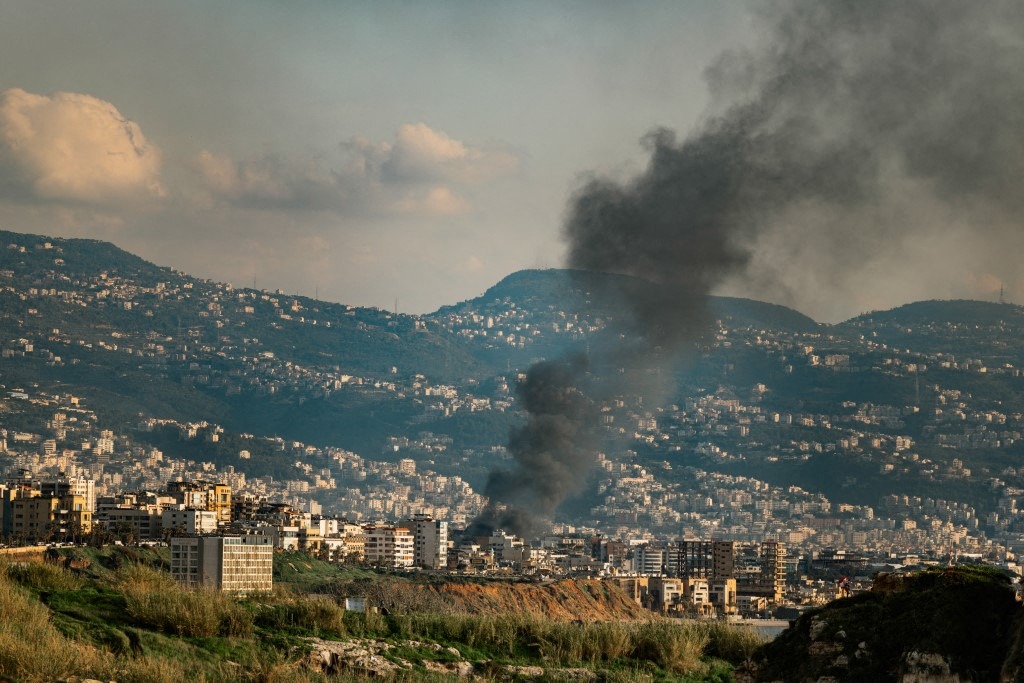 Israeli warplanes strike near the old Iranian embassy building in Beirut's southern suburbs in Beirut, Lebanon, on March 6, 2026, hitting a building adjacent to the former diplomatic site.