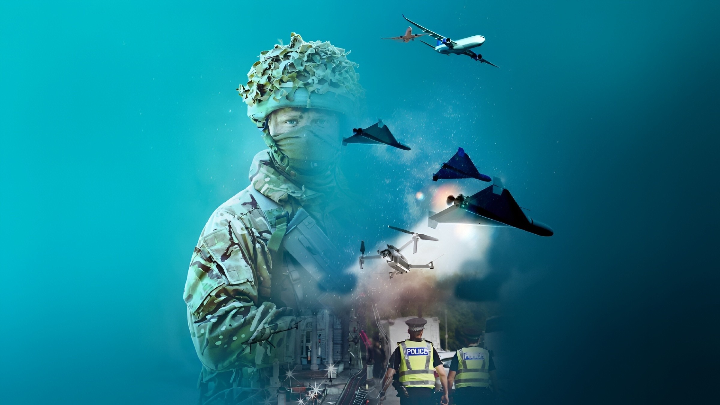 Digital composite depicting a counter-UAS and drone defense scenario with a camouflaged soldier, multiple unmanned aerial vehicles, police officers on a city street, and a commercial airliner in a teal-toned graphic.