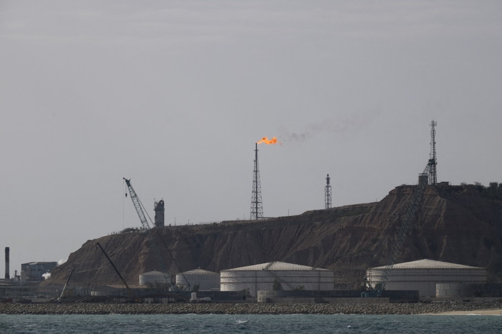 A view of oil facilities on Kharg island on the Persian Gulf about 776 miles south of Tehran