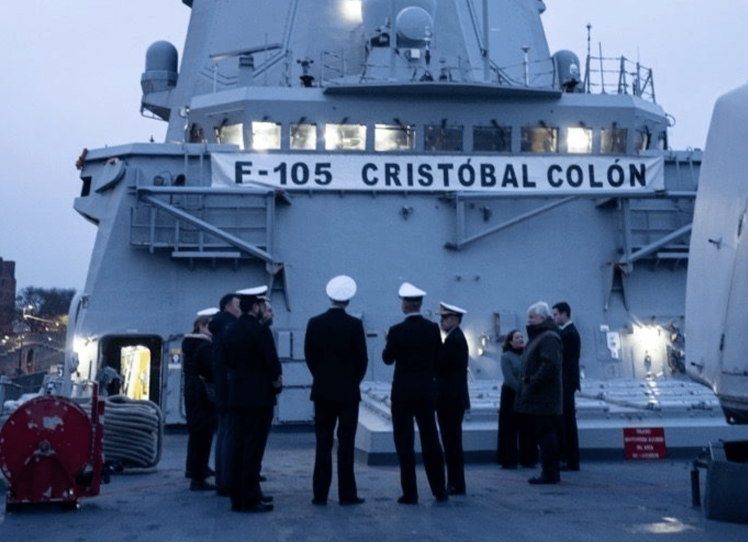 Navantia officers and Denmark officials onboard Spanish frigate Cristóbal Colón