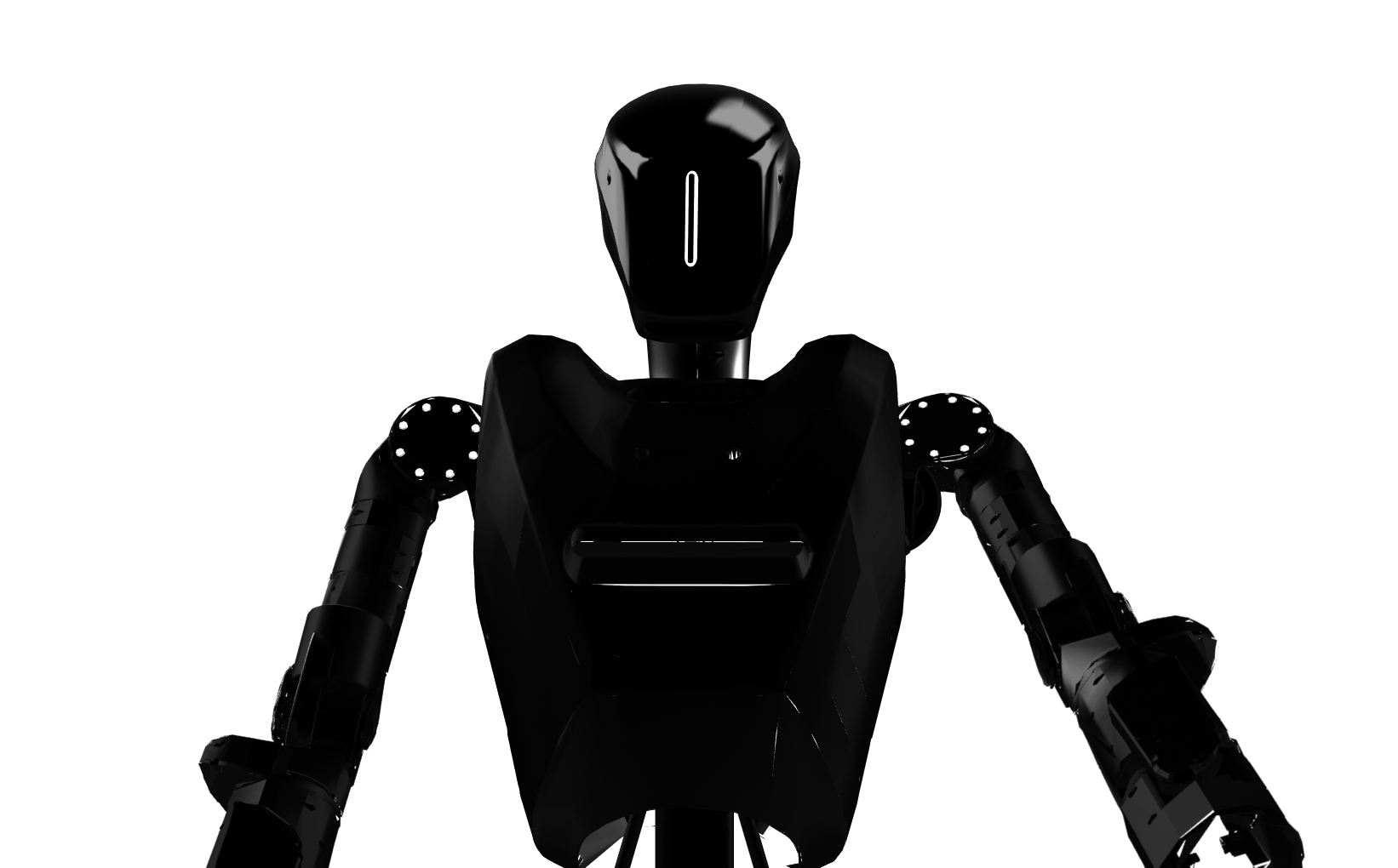 Cinematic render of a humanoid robot with a glowing visor and LED shoulder joints against a black background