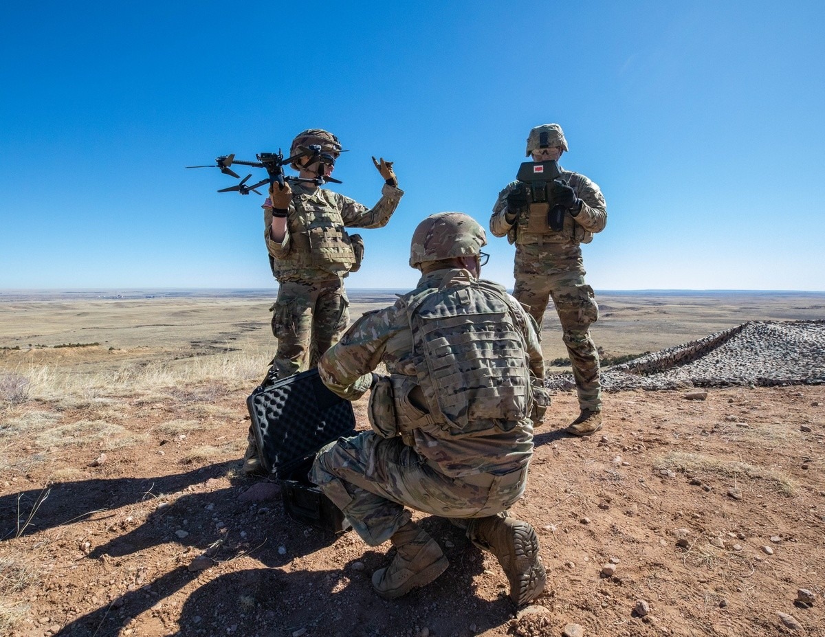 Soldiers assigned to the 2nd Battalion, 77th Field Artillery Regiment, 2nd Stryker Brigade Combat Team, 4th Infantry Division, prepare to operate Small Unmanned Aircraft Systems at Fort Carson, Colorado.