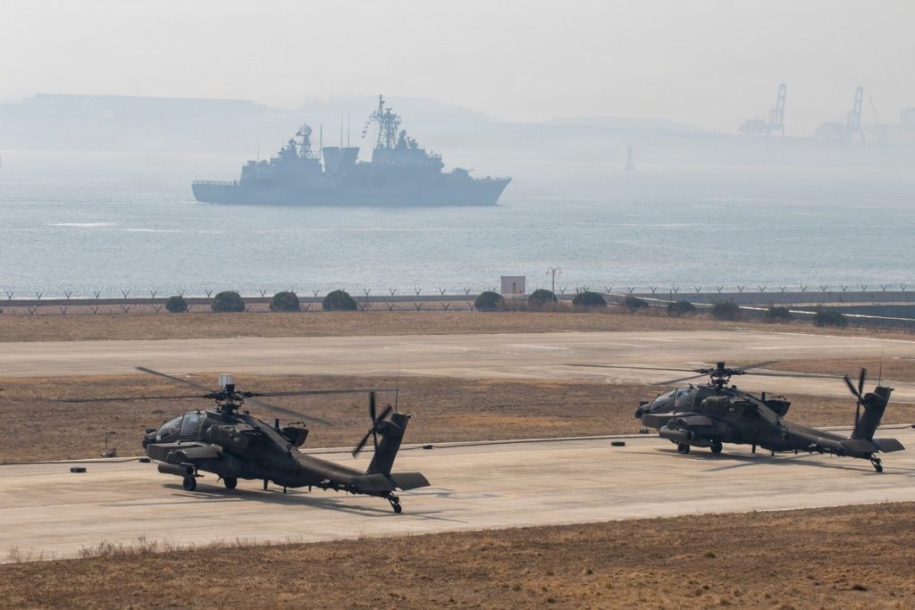AH-64 Apache helicopters at a Forward Arming and Refueling Point
