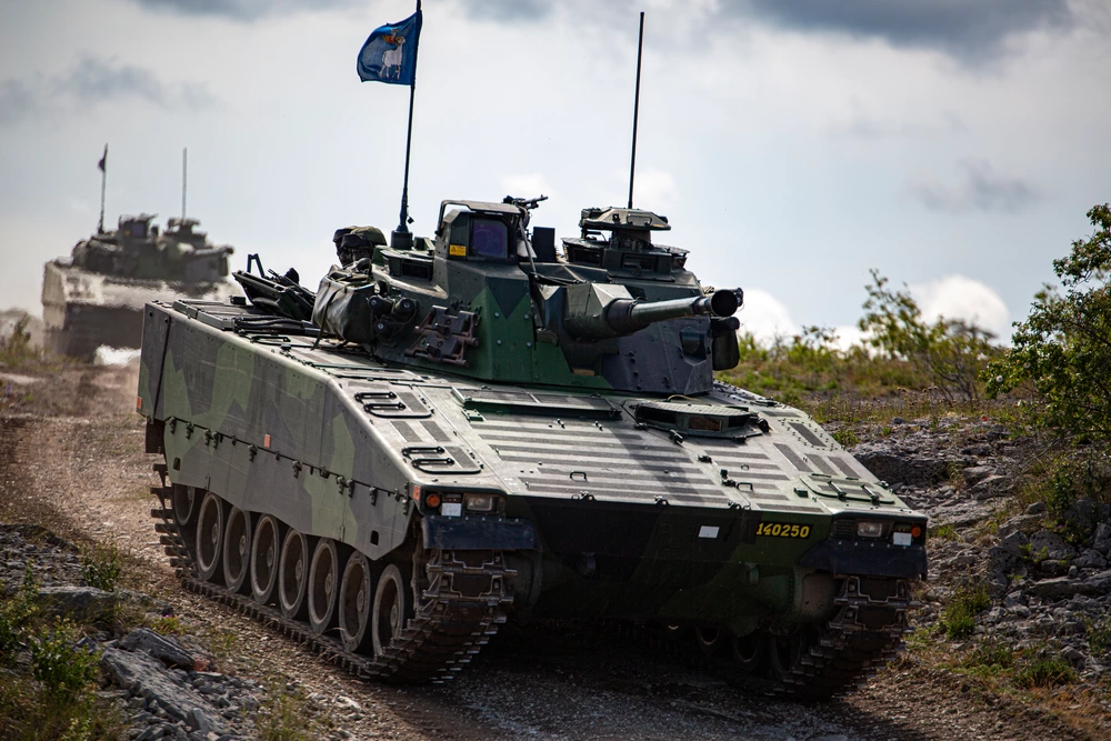CV90 armored vehicles operated by Swedish forces during joint NATO training exercise with U.S. Marines in Sweden