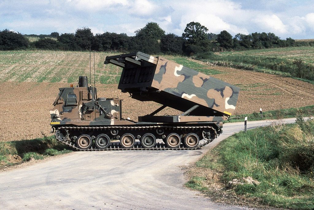 The missile pod of an M270 227 mm multiple launch rocket system from B Battery