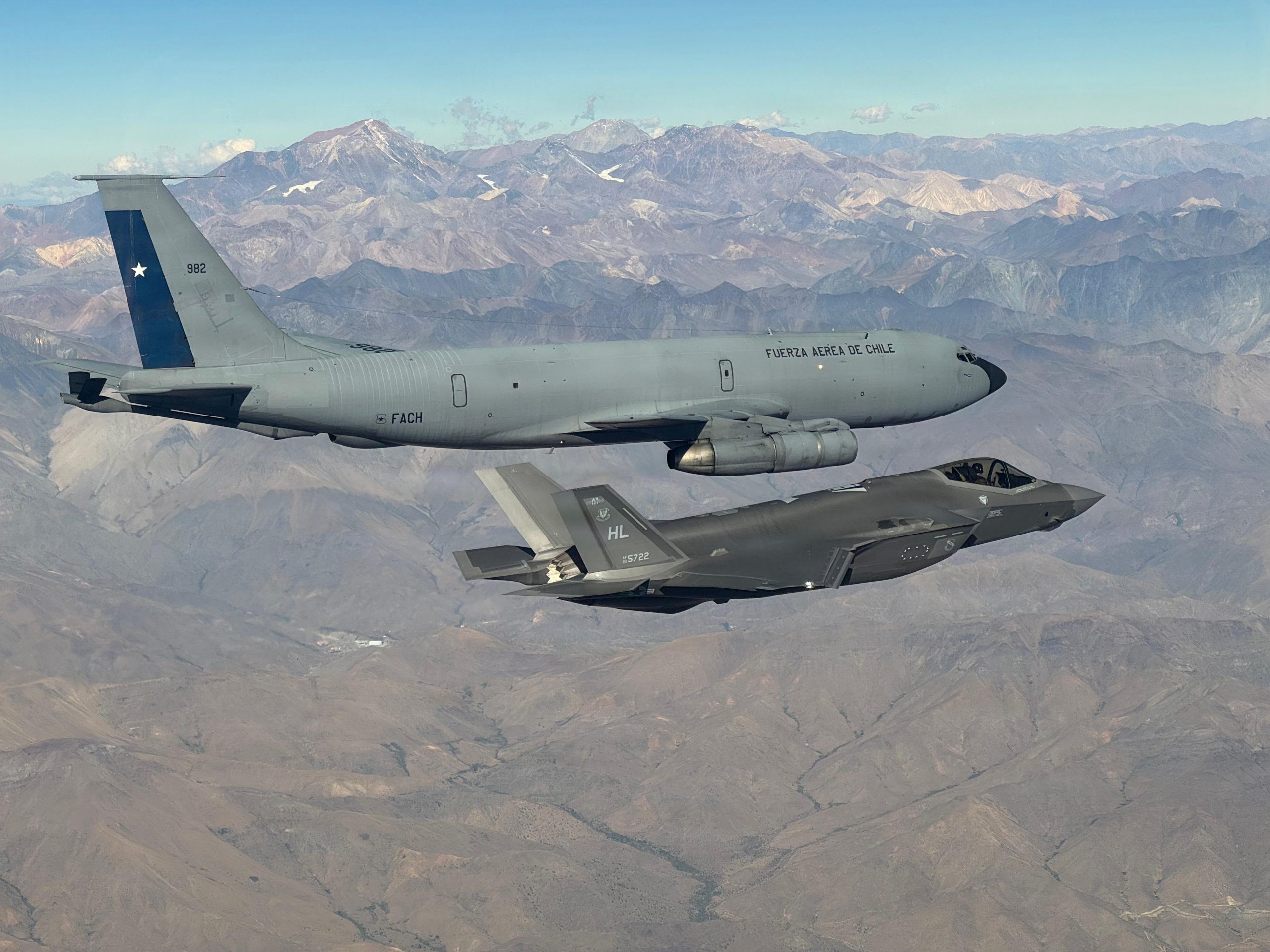 A Chilean air force KC-135E Stratotanker and U.S. Air Force F-35A Lightning II fly in Chilean airspace.