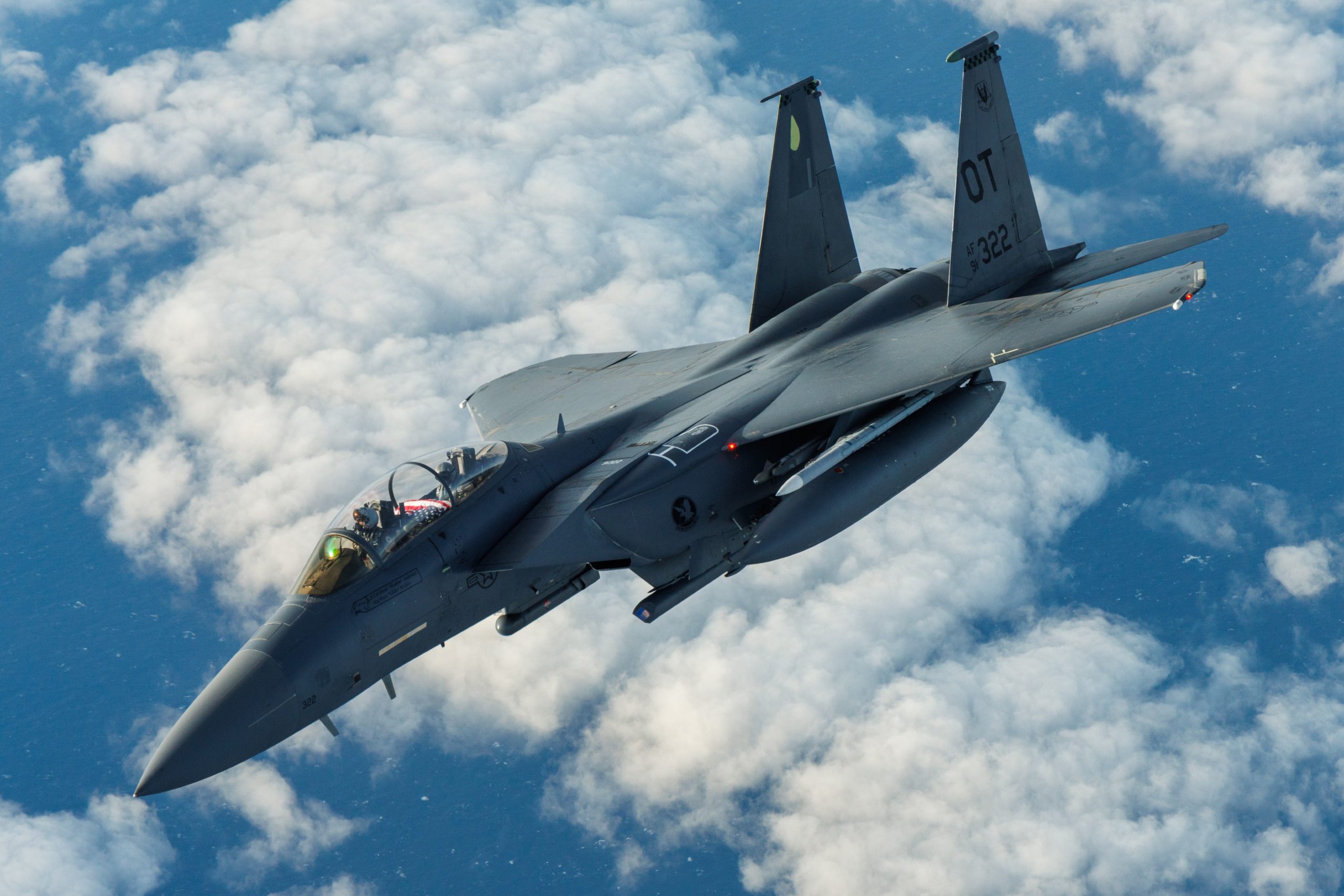 An F-15 Strike Eagle assigned to Nellis Air Force Base, Nevada, flies in the skies over Southern California, March 13. Two F-15 Strike Eagles conducted aerial refueling training with a KC-135 assigned to the 370th Flight Test Squadron out of Edwards AFB, California. (Air Force photo by Richard Gonzales)