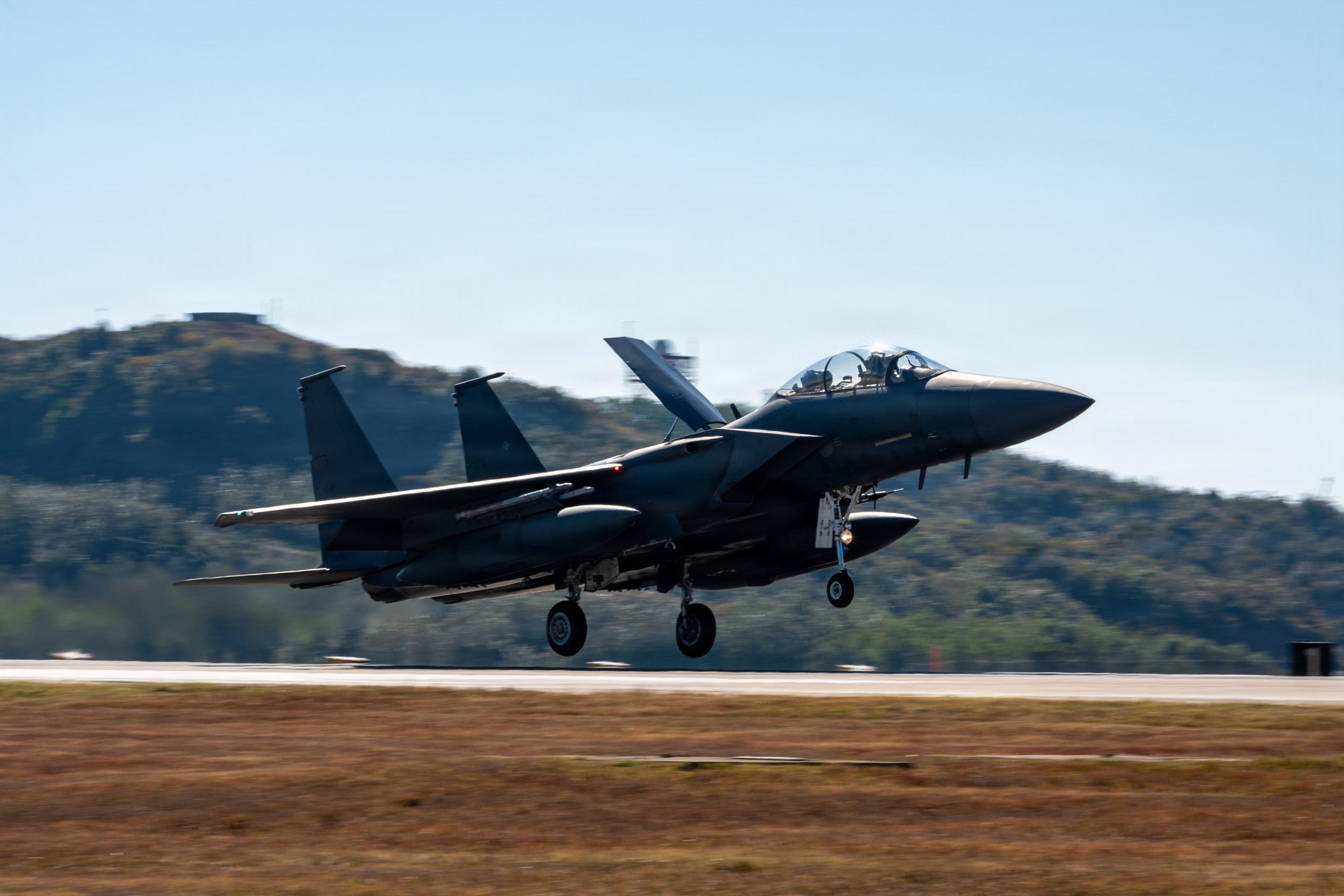 A Republic of Korea Air Force F-15K Slam Eagle lands at Kunsan Air Base, ROK, Nov. 3, 2025, during Freedom Flag 25-2. The U.S.-ROK alliance remains at a high level of readiness and continues to maintain a robust combined defense posture to protect the Republic of Korea against any threat or adversary. (U.S. Air Force photo by Staff Sgt. Tylir Meyer)