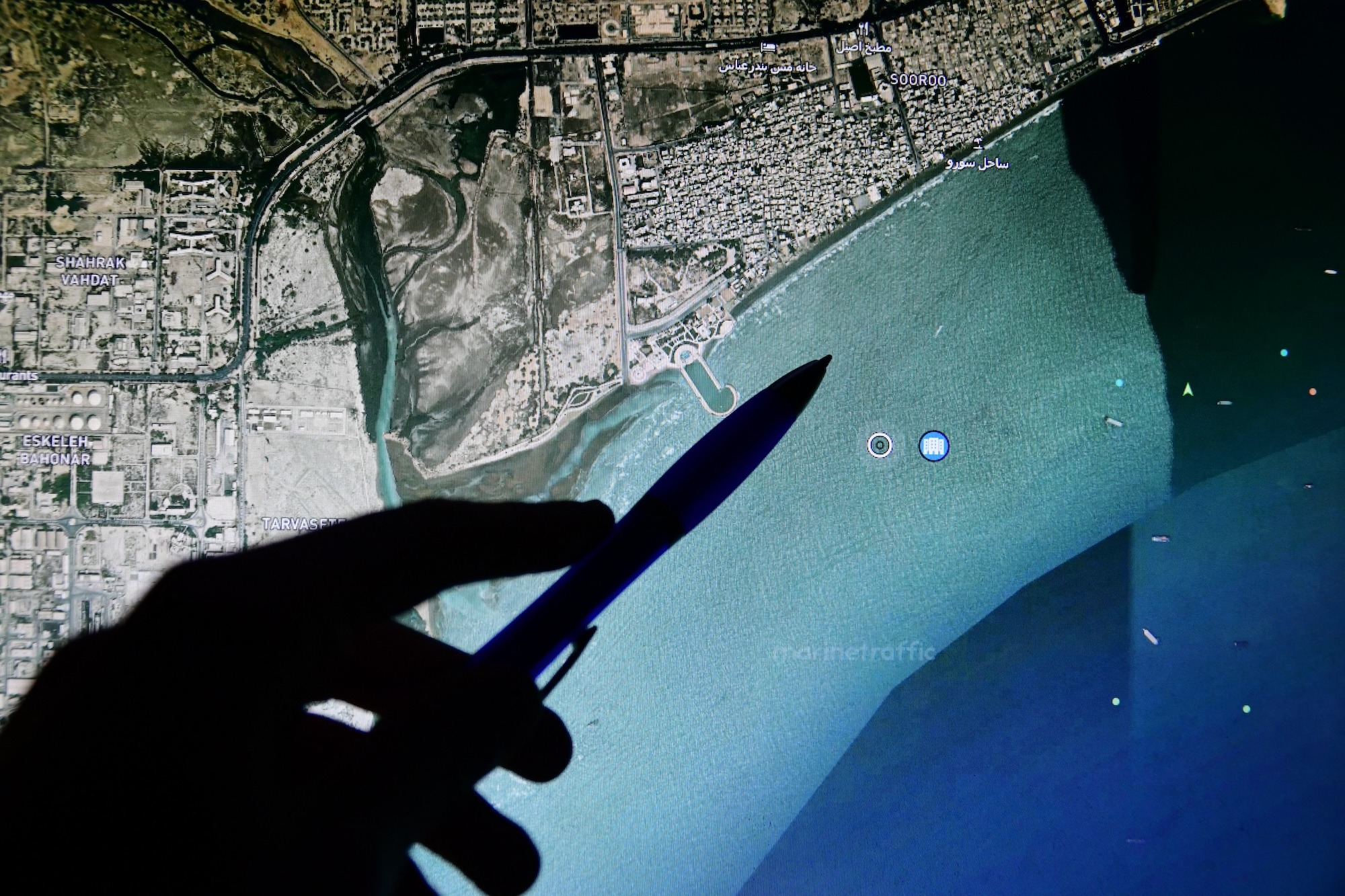 Satellite view of shipping traffic in and around the Strait of Hormuz