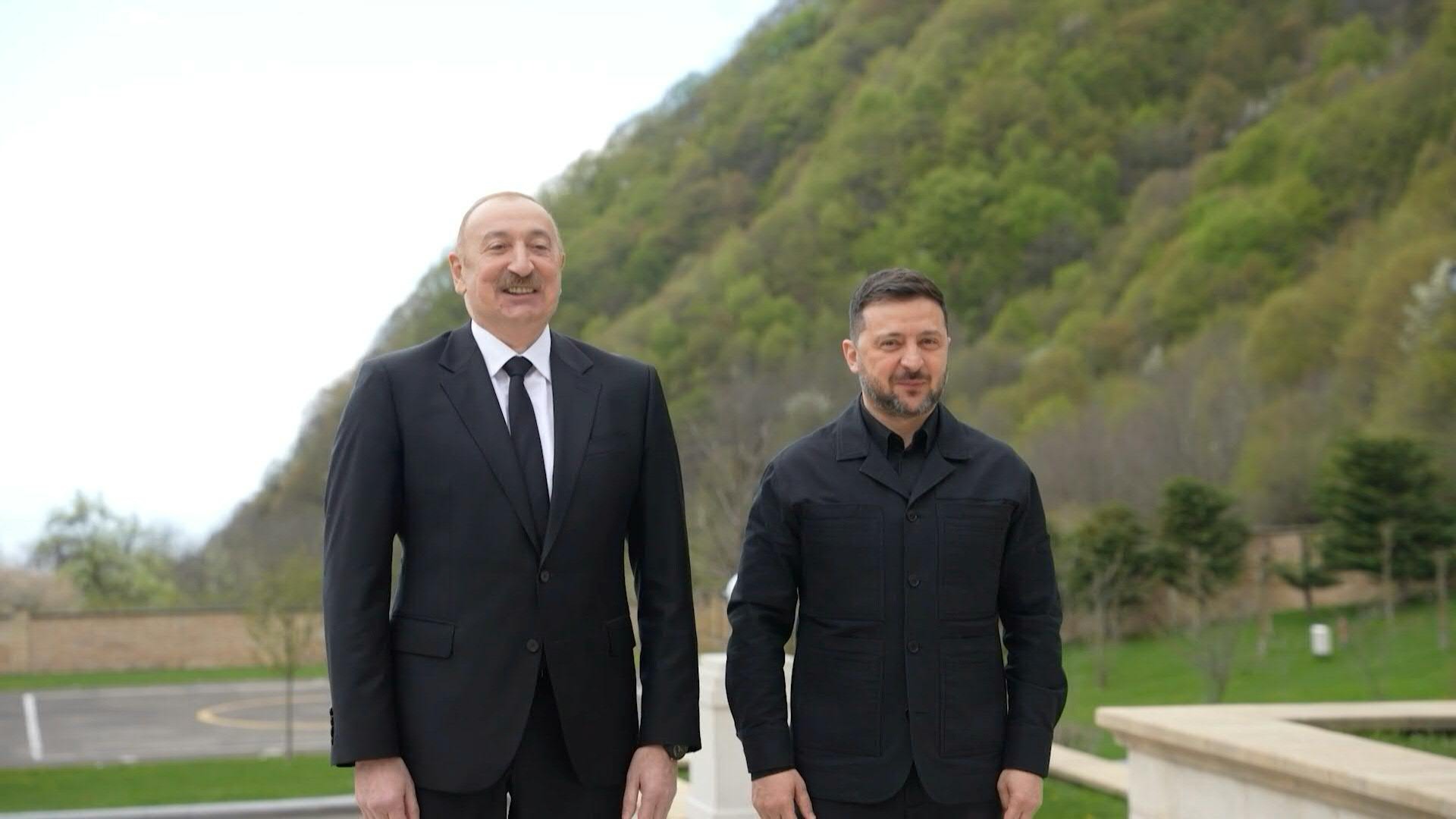 Ukrainian President Volodymyr Zelensky meets Azerbaijani President Ilham Aliyev during his first visit to Azerbaijan.