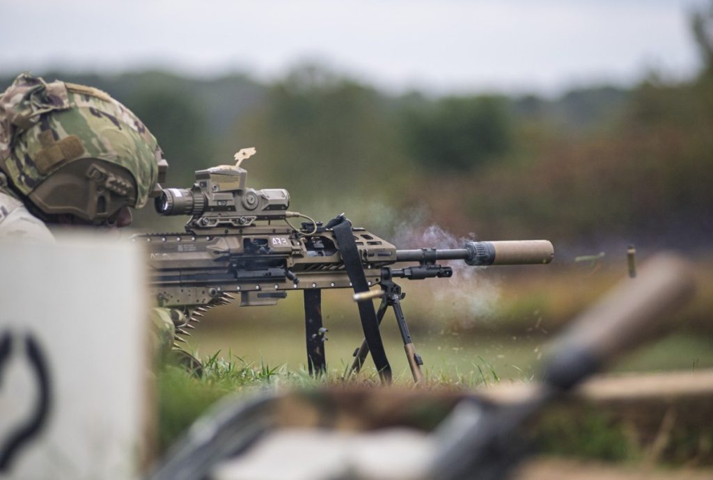 A U.S. Army Soldier assigned to Alpha Company, 1st Battalion, 506th Infantry Regiment, 101st Airborne Division engages a target at roughly 800-meters on the enemy counterattack lane, during the Next Generation Squad Weapon (NGSW) system testing
