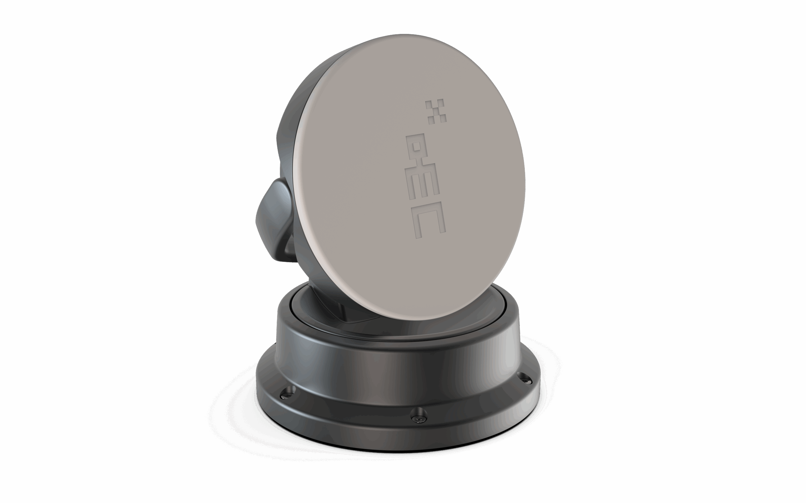 Front-facing product render of the Ovzon T8 mobile satellite terminal featuring a circular flat-panel antenna on a rotating base mount, positioned as the smallest terminal of its kind for military and expeditionary satellite communications