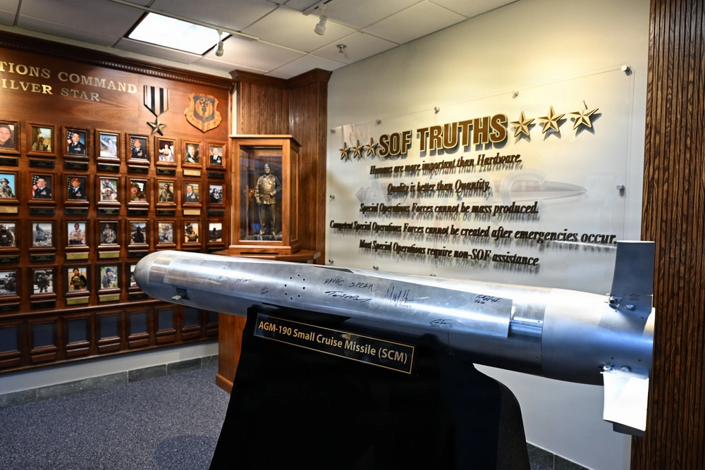 A model AGM-190A small cruise missile stands on display inside Air Force Special Operations Command headquarters at Hurlburt Field, Florida, May 14, 2026.