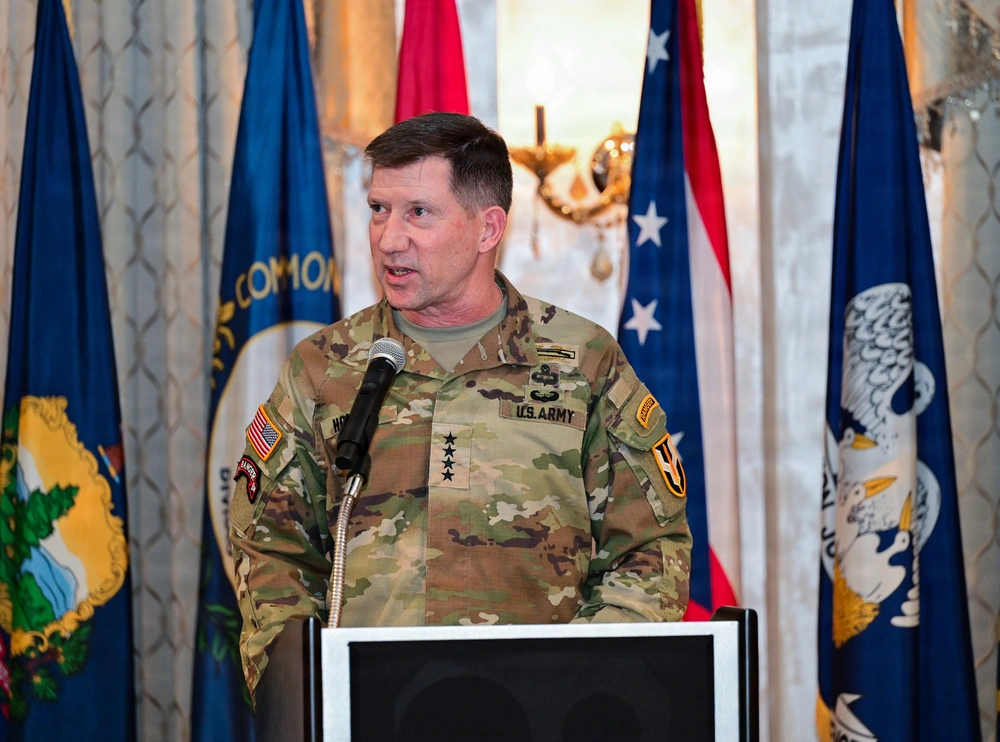 Gen. David Hodne speaks at a podium during the activation ceremony for the US Army Futures and Concepts Command under T2COM.