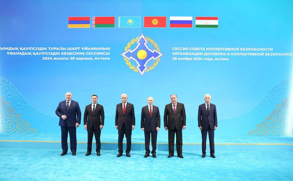 Leaders pose alongside CSTO head Imangali Tasmagambetov as a regular session of the Collective Security Council of the Collective Security Treaty Organization is about to take place