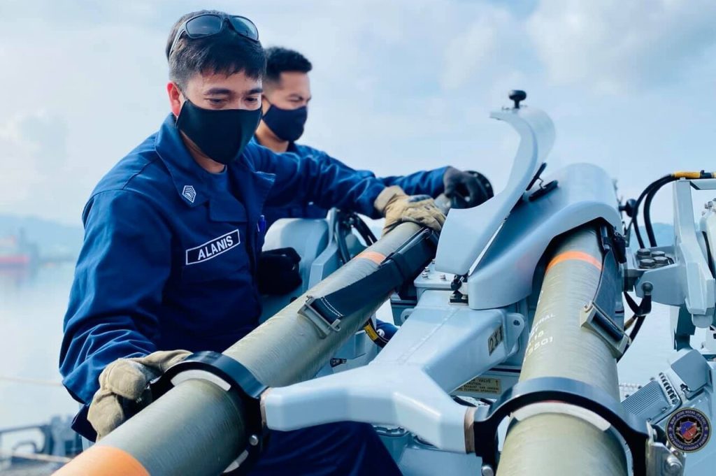 The Crew of the BRP Jose Rizal (FF-150) Frigate of the Philippine Navy (PN) manning a Simbad-RC Mistral Missile Launcher during the PAGBUBUKLOD 2021 Exercise