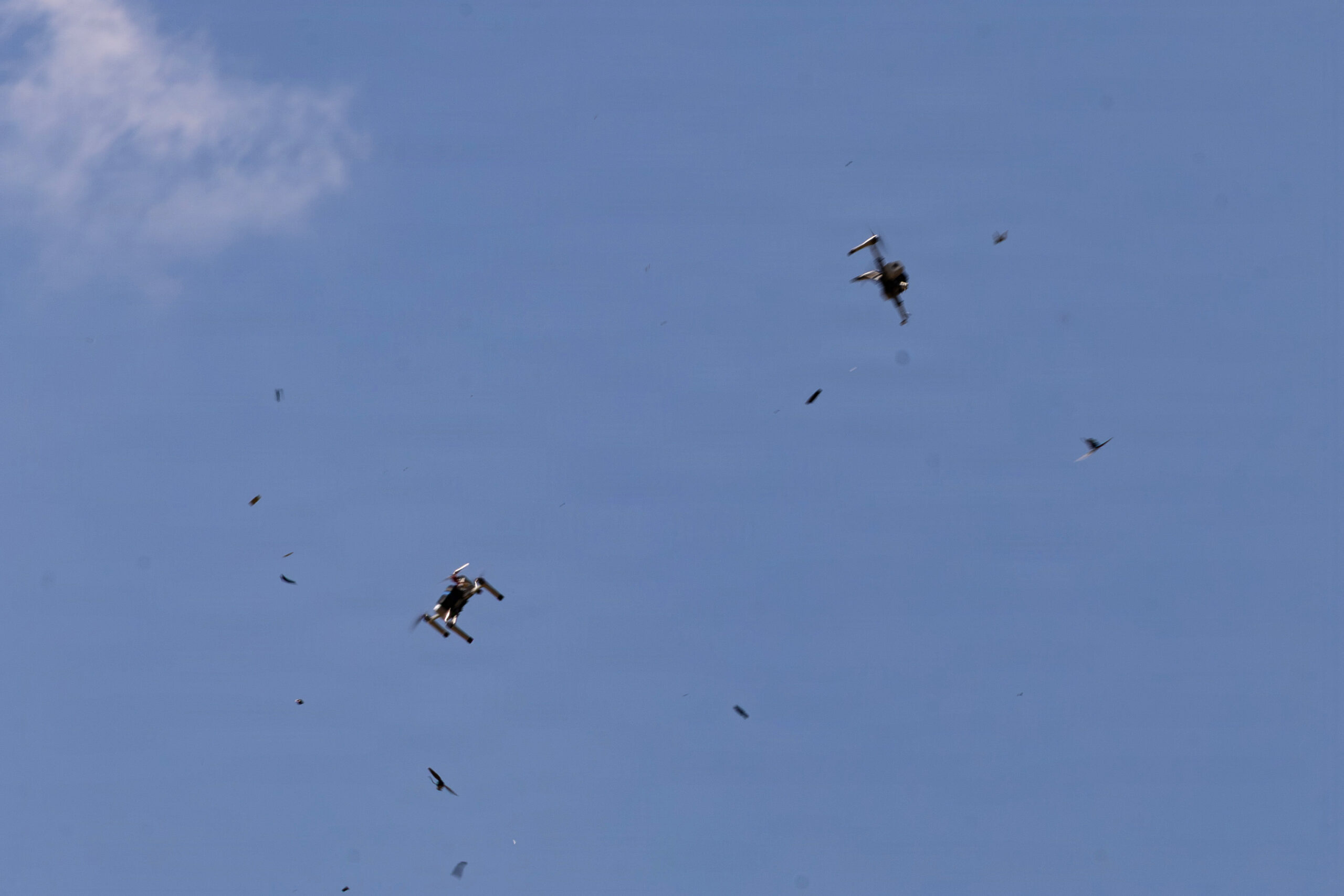 A Bumblebee V1 drone under manual control intercepts practice targets at Fort Bragg, N.C., April 23, 2026.