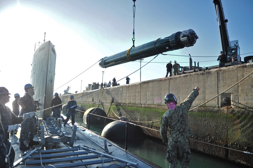 inert mk 48 torpedo being loaded onto the Virginia-class submarine USS California (SSN 781)