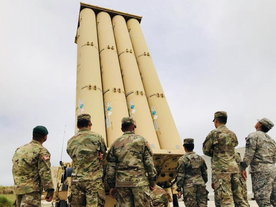Cadets of the University of Guam’s U.S. Army Reserve Officer Training Corps view a Terminal High Altitude Area Defense (THAAD) system assigned to Task Force Talon as part of leader development partnership at Andersen Air Force Base, Guam. (U.S. Army Photo)
