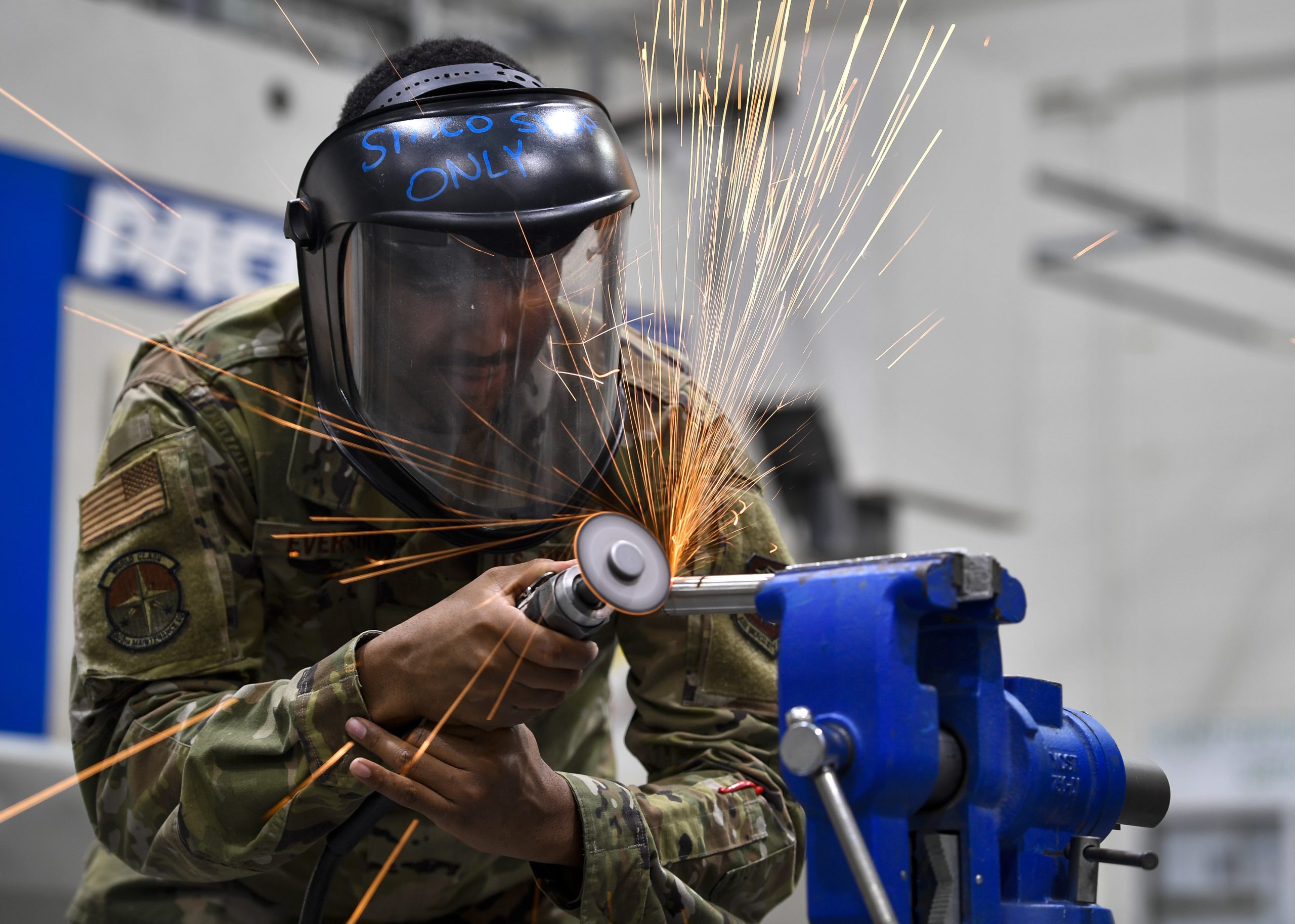 U.S. Air Force Senior Airman Armani Everson, 305th Maintenance Squadron Fabrication Flight aircraft structural maintenance journeymen, cuts into a piece of titanium used for aircrafts on Joint Base McGuire-Dix-Lakehurst, New Jersey, Oct. 16, 2019. Utilizing various methods, aircraft structural maintenance Airmen are able to build a replacement part from scratch in order to restore the structural integrity of the aircraft and ensure the safety of the Airmen who fly them. The mission of the 305th MXS is to enhance global response by providing world class systems, support equipment, munitions and aircraft maintenance.