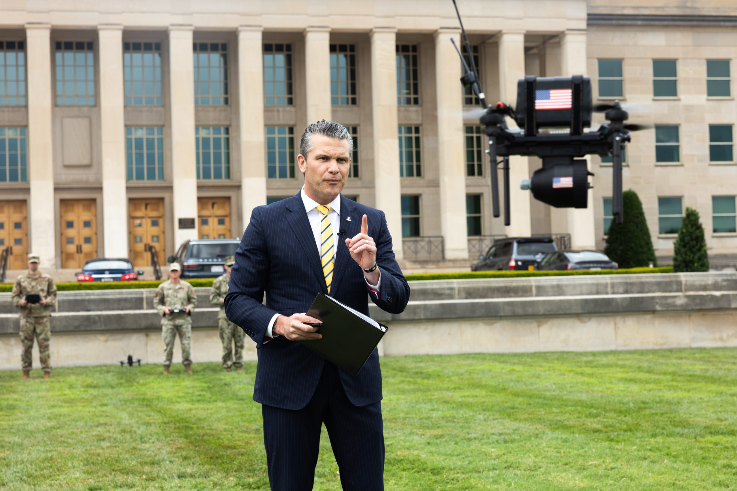 US Secretary of Defense Pete Hegseth hosts a drone demonstration at the Pentagon, July 10, 2025. The event was hosted to portray the Secretary of Defense’s initiative of Unleashing U.S. Military Drone Dominance. (U.S. Marine Corps photo by Lance Cpl. Alondra Y. Lopez Gonzalez)