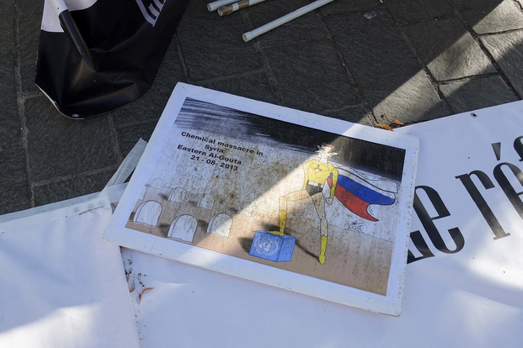 Protestors demonstrate in memory of the Ghouta chemical attack in Paris, France, on August 21, 2020. The Ghouta chemical attack occurred in the Ghouta in Syria during the Syrian revolution on the August 21, 2013.