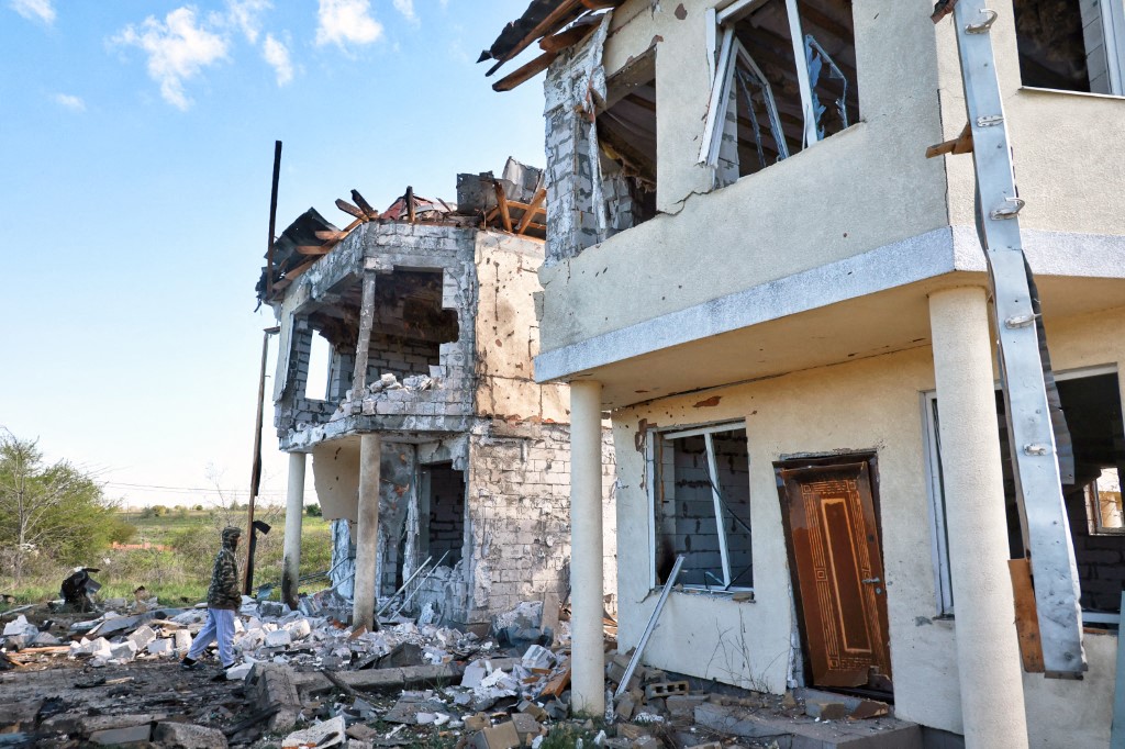 Houses are damaged by a nighttime drone strike in the Odesa district, Odesa region, Ukraine, on May 3, 2026.