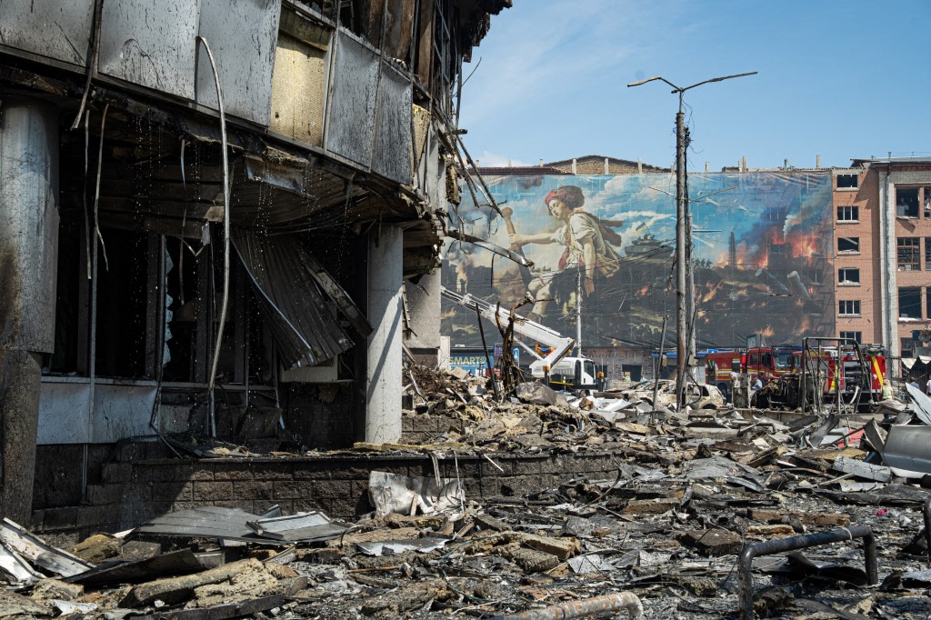 A view shows a heavily damaged shopping center in Kyiv, Ukraine, on May 24, 2026, after Russian strikes.