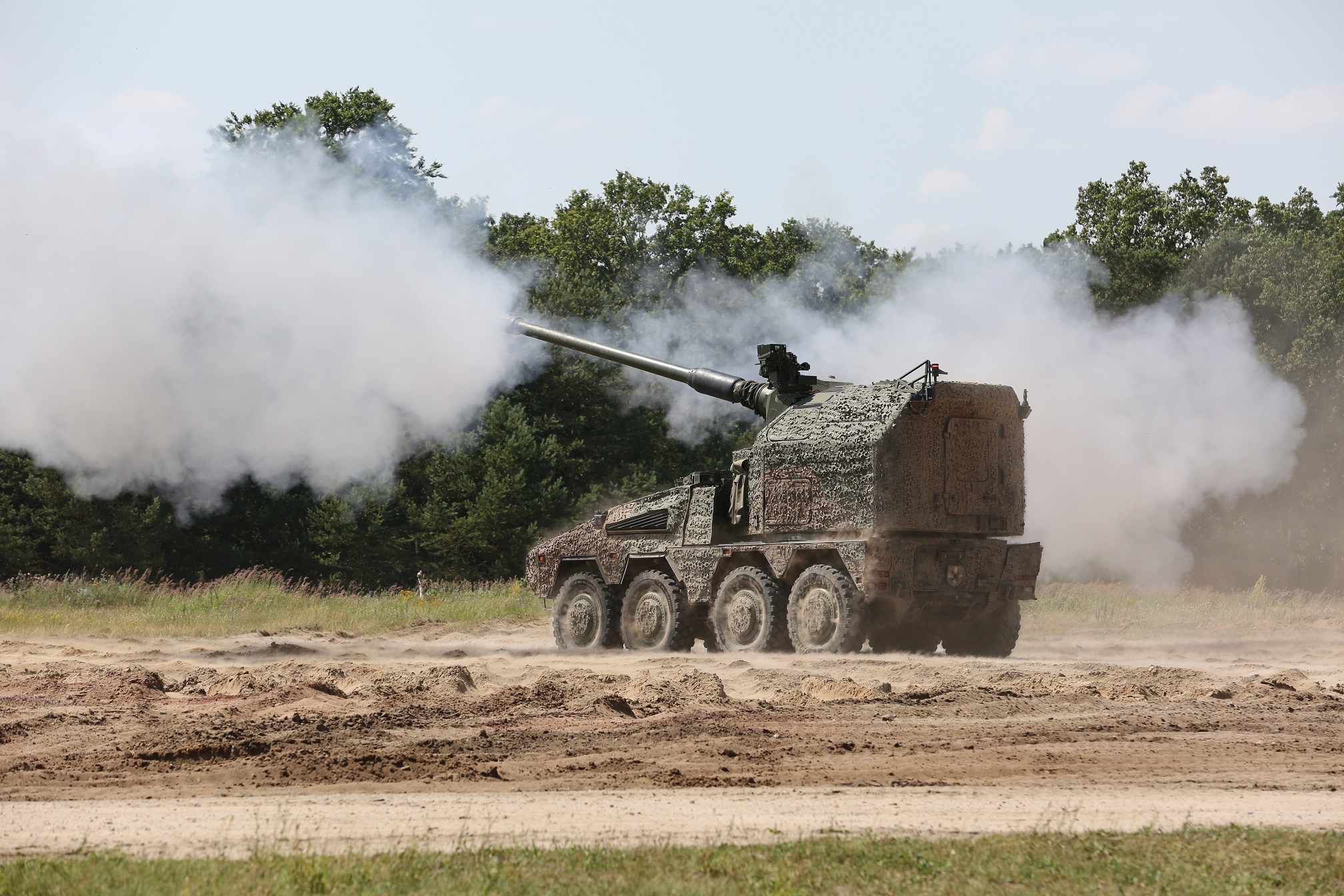 Image of the Remote-Controlled Howitzer 155mm (RCH 155) 52 caliber wheeled artillery system.