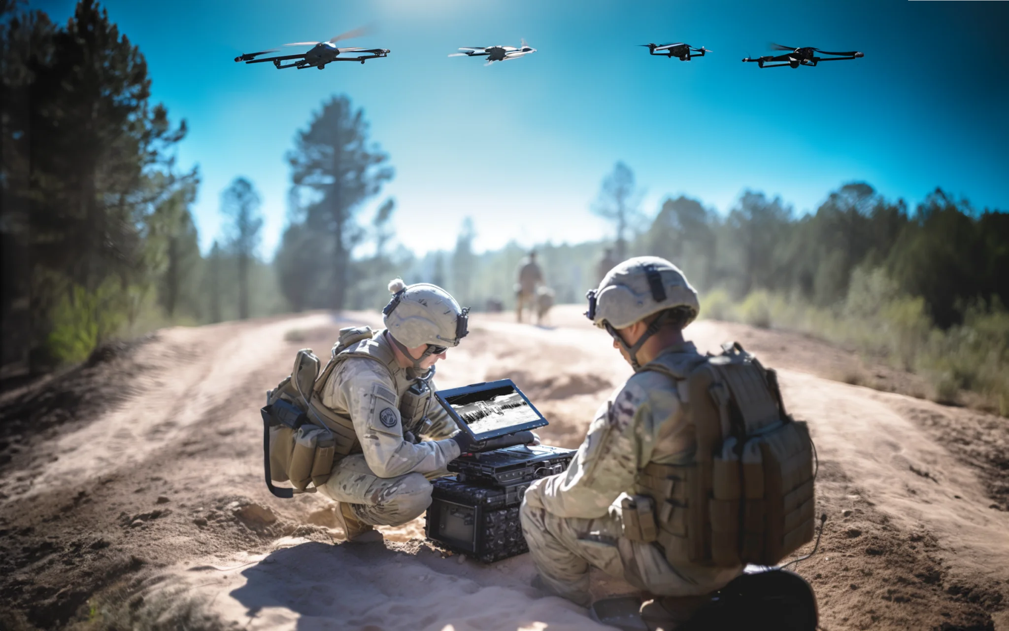 Soldiers operate drone-connected edge computing systems during a field exercise focused on tactical AI and resilient mesh networking. Image: Latent AI