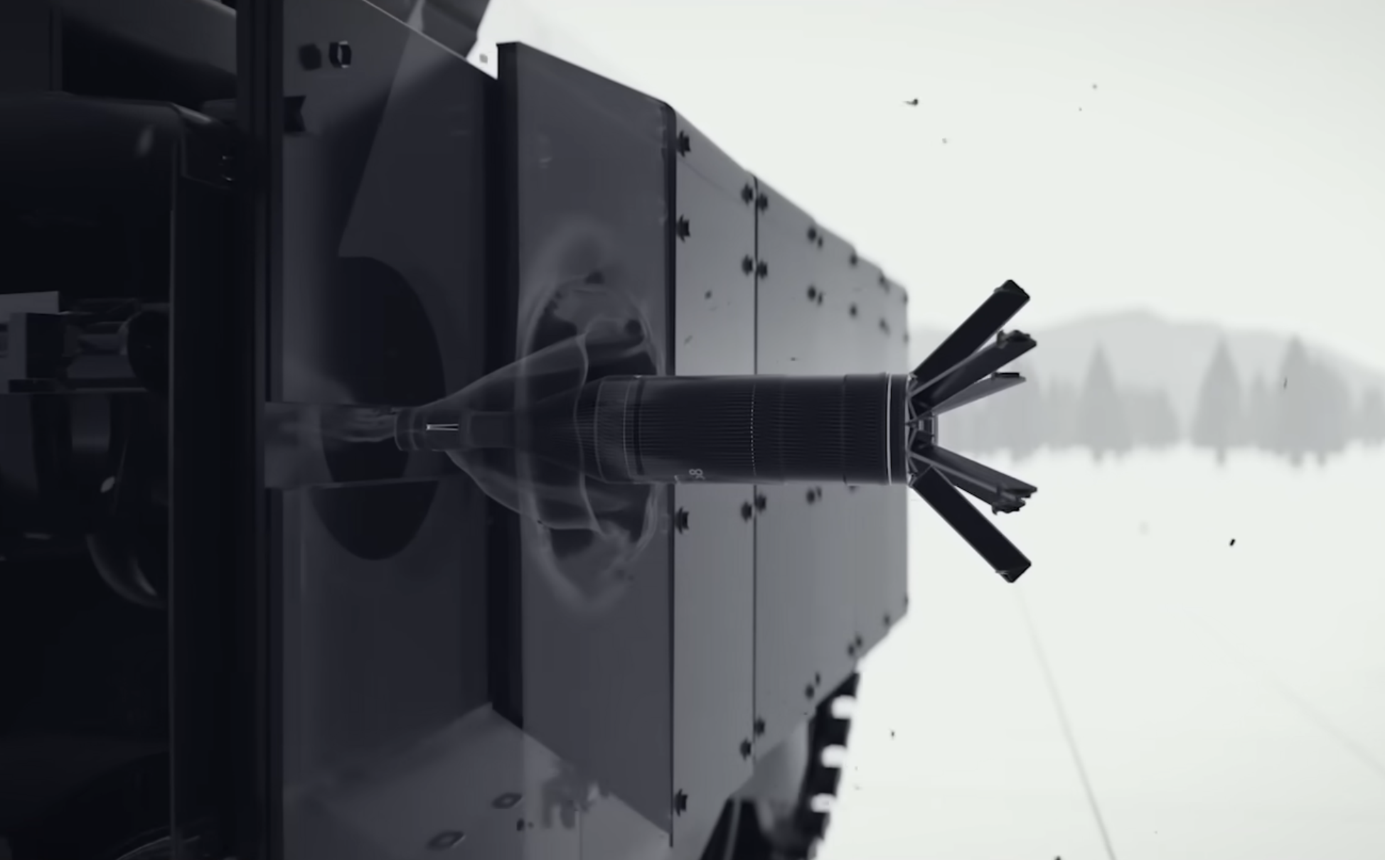 Close-up of a Saab HEAT 758 round, set against a snowy winter backdrop