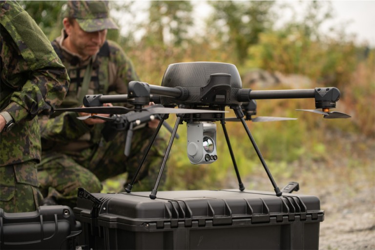 Soldiers prepare a Patria unmanned aerial system during a field exercise. Photo: Patria