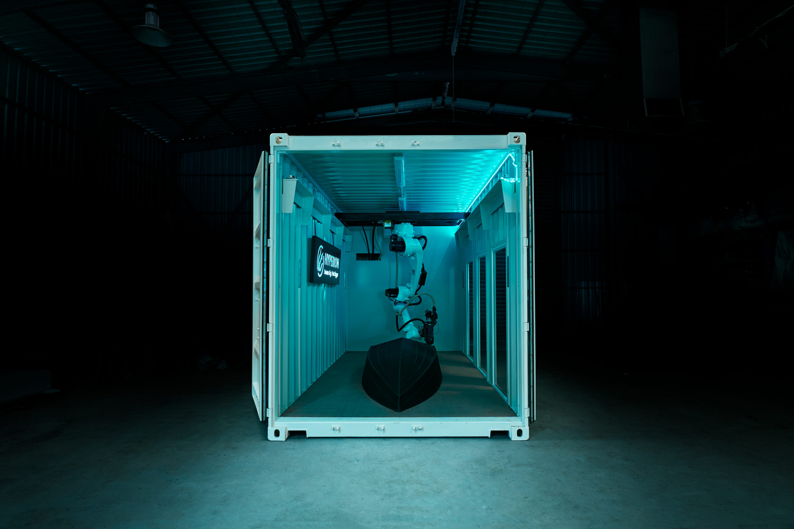 The ASTRA 460 unmanned surface vessel inside the TitanCell 3D-printer room. Photo: Hyperion Systems/Greenroom Robotics
