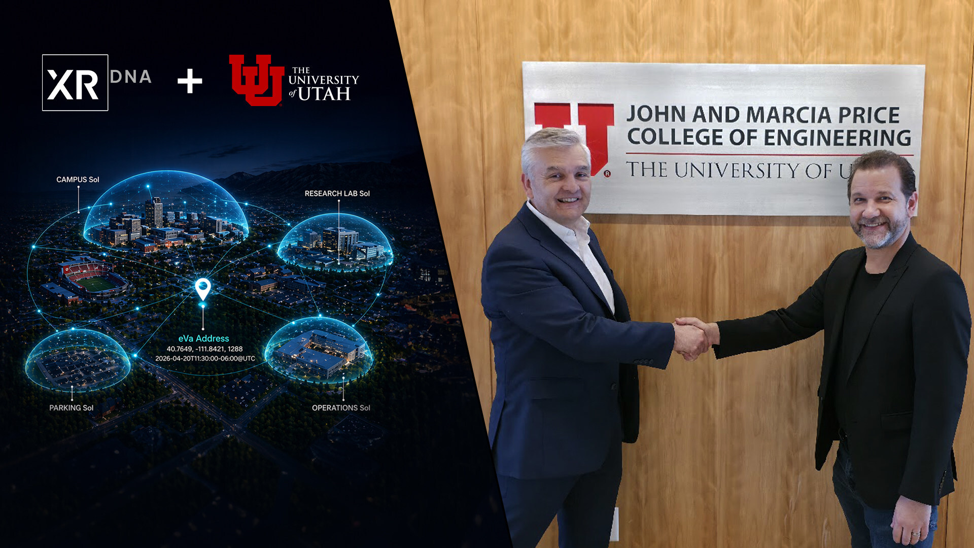 Charles Musgrave (left), Dean of the John and Marcia Price College of Engineering at the University of Utah, and Charles Adelman (right), CEO and co-founder of XRDNA, shown in a split image representing the expansion of Mission Fabric to universities.
