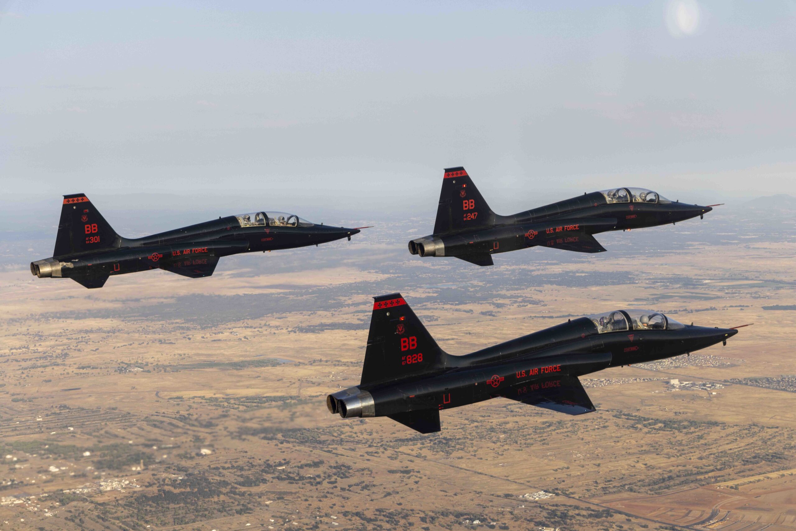 A T-38 Talon four-ship formation flies over the Lamar Hunt U.S. Open Cup semifinals match between the Republic and the Kansas City Sporting July 27, 2022, in Sacramento, California. The U.S. Air Force performs close to 1,000 flyovers a year, which serve as a way to showcase the capabilities of its aircraft while also inspiring patriotism and future generations of aviation enthusiasts. (U.S. Air Force photo by Senior Airman Frederick A. Brown)