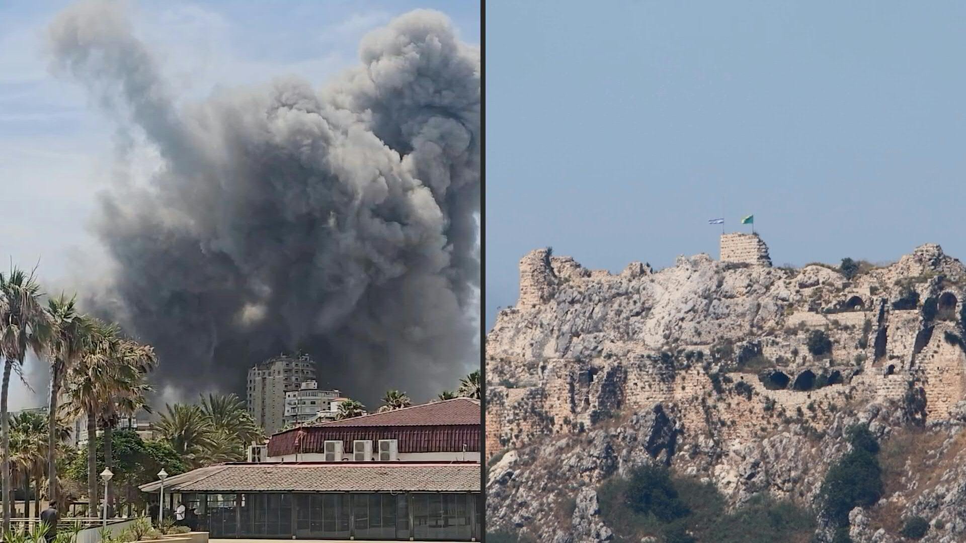 Smoke billows over Tyre and Kfar Tebnit after Israeli strikes, as an Israeli flag flutters atop the 12th-century Crusader-era Beaufort Castle in southern Lebanon.