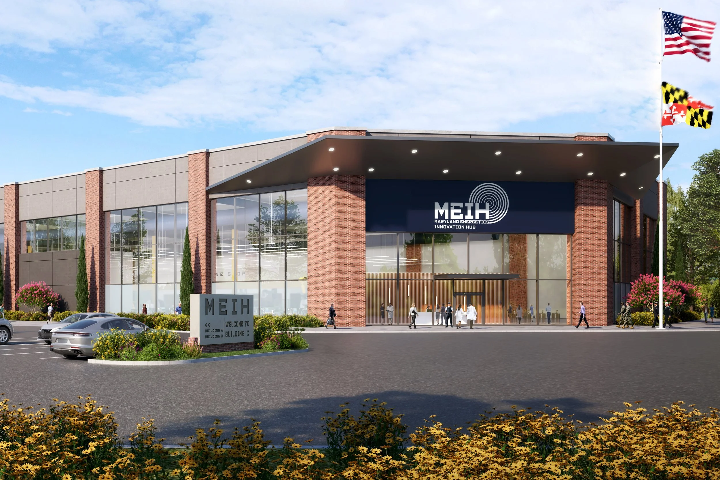 Exterior rendering of one of ACMI Maryland Energetics Innovation Hub’s buildings.